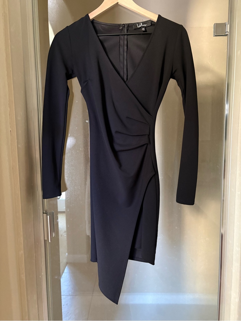 Lulu's Black Long-Sleeve Wrap Dress with Asymmetrical Hem